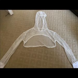 White Cropped Mesh Hoodie